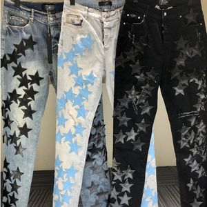 Jeans para hombres Negro Azul Estrella Patrón Parche Calle Hombres Motocicleta Pantalón Punk Denim 3 Color Hip Hop Jean Pantalon Homme Trendy278f