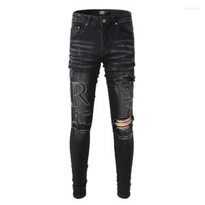 Jeans pour hommes Noir Patch en cuir en détresse Streetwear Mode Slim Lettre Motif Endommagé Skinny Ripped Pantalon