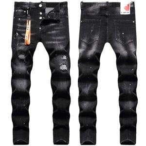 Jeans pour hommes Noir Gris Élastique Peinture Dot Décoration Zipper Corde Trou Patch