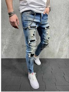 Jeans para hombres Jeans delgados azules para hombres pintados estirados Fit delgados Rasgados Patch de mezclilla de rodilla desgastados Pantalones de mezclilla Marca Malel231003 Malel231003