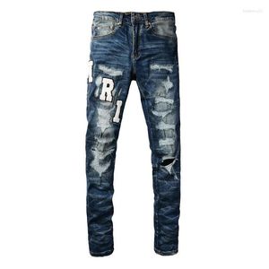 Herrenjeans Blau Slim Fit Streetwear-Stil Buntes Bandana-Patchwork Röhrenhose Stretch High Street Ripped