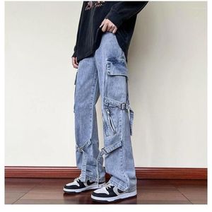 Jeans pour hommes Casual Wide Leg Hip Hop Skate Boarding Punk Baggy Denim pour hommes Fermetures à glissière Rubans de poche Design Streetwear