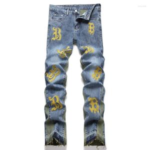 Jeans masculin Classic Blue Green Patchwork Lettre broderie Bootcut Bootcut Pantal
