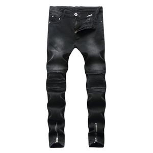 Jeans para hombres rasgados drapeados Biker Rodilla Plisada Tobillo Cremallera Marca Slim Fit Corte Destruido Flaco Jean Pantalones de moda casual para Homme