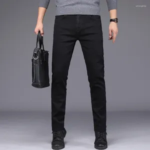 Pantalones vaqueros para hombre, ajustados, versión coreana, informales, elásticos, negros, de pierna recta