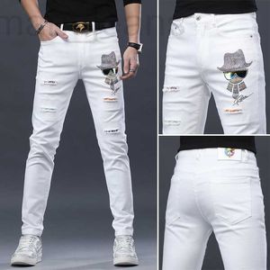 Herenjeans ontwerper Heren denimbroek, heren slim fit, kleine voeten, trendy merk hot drill Koreaanse versie, geperforeerde elastische witte jeans
