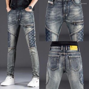 Jeans pour hommes Mode Hommes Slim Fit Patchwork Mâle Rétro Denim Pantalon Brodé Poche Y2K Punk Boyfriend Vintage Pantalon