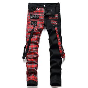Jeans pour hommes Mode Rouge Plaid Patchwork Punk Zipper Hommes Crayon Jeans Pantalon Boucle Sangles Hip Hop Jeans Gothique Slim Denim Pantalon 230529