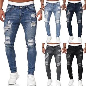 Jeans para hombres Pantalones al por mayor de fábrica de alta calidad Pantalones con cremallera azul rasgados Pantalones de mezclilla elásticos delgados