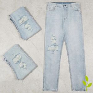 Jeans pour hommes High Street Askyurself Couleur claire Fait vieux bouton de poche déchiré Pantalon en denim décontracté à jambe droite pour hommes et femmes