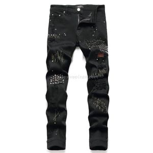 Jeans pour hommes High Street Black Broken Hole Rivet Denim Pantalon en détresse Slim Fit Pantalon lavé pour hommes