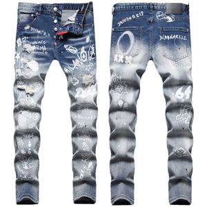 Jeans pour hommes Patch de tampon humide italien Fil aléatoire Trou de broderie Impression numérique Élastique Petit droit