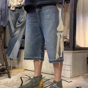 Jeans para hombres KAPITAL Hirata Hohiro Pantalones casuales sueltos Bordados con estampado de huesos Lavado con agua Pantalones cortos de mezclilla crudos usados para hombres y mujeres 231113