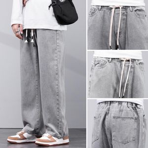 Jeans pour hommes gris clair pour hommes coupe ample pantalon ample jambe large mode poches Desinger taille élastique cordon mâle Denim pantalon