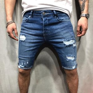 Jeans pour hommes Short en jean extensible pour homme Couleur unie Taille haute Élastique Longueur au genou Pantalon court déchiré avec poches pour l'été