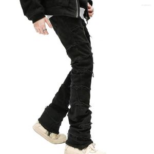 Jeans pour hommes hommes noir Hip Hop Streetwear coupe ajustée pantalon en Denim déchiré avec bord de bavure couleur unie jambe droite