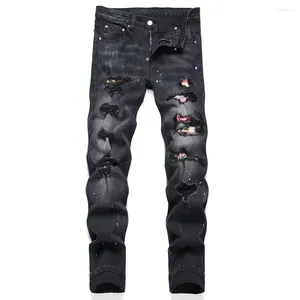 Jeans pour hommes Hommes Crystal Black Denim Multi Color Patches Patchwork Stretch Pantalon Trous Ripped Slim Pantalon effilé