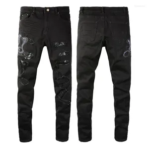 Jeans para hombres Hombres bordados Cobra Agujeros Parchados Flacos Rasgados Negro Estiramiento Slim Fit High Street Scratch Denim Pantalones