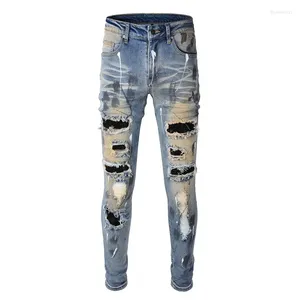 Jeans para hombres Hombres High Street Patch Work Black Stones Parches Distressed Distroyed Paint Oil Slim Washed Blue Tamaño 28-40