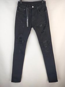 Jeans De Hombre Hombres Pu Cuero Acanalado Parche Flaco Envejecido Negro