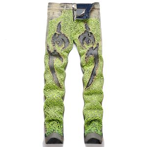 Jeans para hombres Hombres Y2K Denim Jeans Neon Green Spider Web Bordado Parches Pantalones Streetwear Vintage Azul No Stretch Pantalones rectos 230823