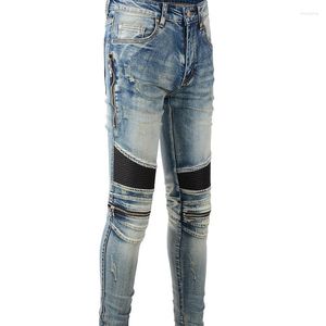 Jeans pour hommes # A606 Biker Ribs Zippers Slim PU Leather Ripped Patch Work Blue Washed Stretch Denim Motor Jean Taille 28-40