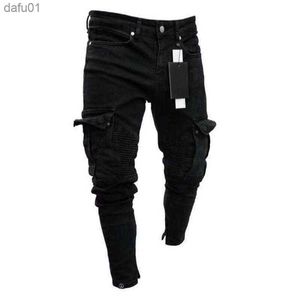 Jeans pour hommes jeans skinny pour hommes Black Man Denim Jean Biker Destroyed Frayed Slim Fit Pocket Cargo Pencil Pants Plus Size S-3XL Fashion L230520