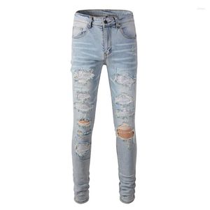 Jeans pour hommes Cristaux en détresse pour hommes Patchworks Pierres évidées Patchs Bleu clair Lavé Slim Stretch Denim Taille 28-40