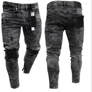Jeans pour hommes Mens Distressed Stretch Ripped Biker Hommes Hip Hop Slim Fit Trous Punk Zipper Pure Color Denim Pantalon