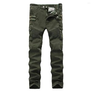 Jeans pour hommes Mens Skinny Ripped Biker Zipper Multi Poches Cargo Army Green Militaire Hip Hop Hommes Plissé Moto Drop