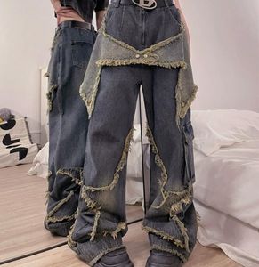 Jeans pour hommes Hommes Femmes Couleurs contrastées Taille haute Street Pantalon à jambes larges Mode Hip Hop Vintage Pantalon d'automne droit