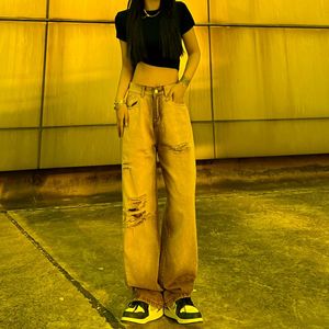 Jeans pour hommes pantalons marron déchiré femmes jambe large Y2K mode coréenne Streetwear Hip Hop esthétique Ins