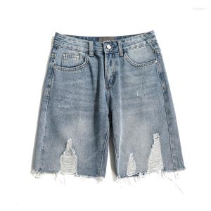 Jeans pour hommes short en jean perforé hommes à la mode marque Ins maille rouge quart pantalon Tube droit tendance été mince et ample