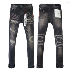 Jeans para hombres Marca púrpura para hombres Hip Hop Label lavada Tinted Black Repair bajo Pantalones de mezclilla delgada