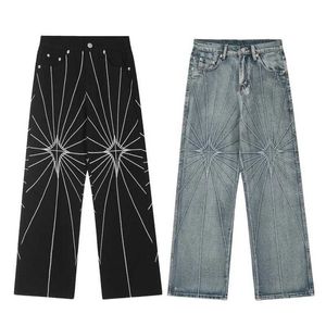 Jeans masculin radial grille brodée en denim droit à rayures droites à la mode Strt rétro couple décontracté tendance de mode Hot Sale H240429