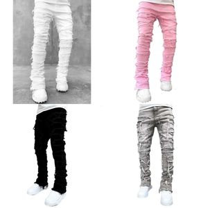 Jeans para hombres Fit Regular Patch apilado angustiado Pantalones de mezclilla Destrados Ropa de ropa de calle Jean casual