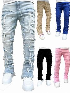 Jeans para hombres Ajuste regular Parche apilado Desgastado Destruido Pantalones de mezclilla rectos Ropa de calle Ropa casual Jean T7Id #