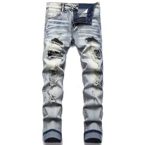 Jeans para hombre Retro Blue Ripped Trendy Stretch Slim Pants Pantalones masculinos versátiles de alta calidad Moda Impreso Cat Beard 230503