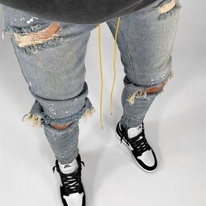Jeans pour hommes Ripped Men Skinny Fit Printemps Été Genou Cassé Trous Hip Hop Peicils Pantalon Streetwear Distressed Painted Zippers Desinger 220923