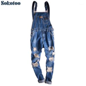 Jeans pour hommes Sokotoo Poches plaquées Trous Détruits Ripped Denim Salopette Bleu Bretelles en détresse Combinaisons