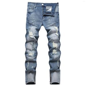 Jeans pour hommes, couleur unie, coton haute élasticité, pantalon droit personnalisé, mode Denim perforé, taille 42