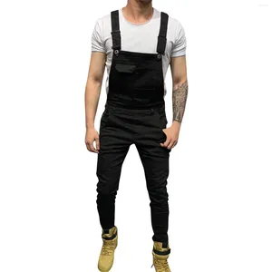 Jeans pour hommes élégants hommes streetwear salopette couleur unie coupe slim bavoir combinaisons mâle décontracté tout-match sangle denim pantalon