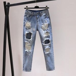Jeans pour hommes déchirés avec un pantalon imprimé Kpop Broken Mens Cowboy Pants Slim Fit Tapered Retro Ripped Holes For Men Light Blue Skinny Punk