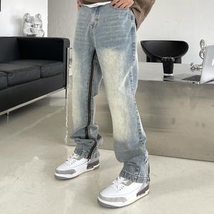 Jeans pour hommes Vintage en détresse Slim pantalon pour hommes Hip Hop médial fermetures à glissière latérales réglable entrejambe ouvert Denim Biker Streetwear