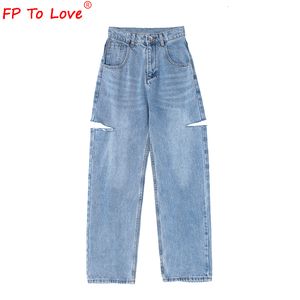 Jeans pour hommes femme Design Jeans Denim pantalon printemps automne Street Style déchiré coupe pleine longueur taille haute bleu clair fermeture éclair pantalon large 230803