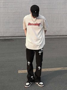 Jeans pour hommes Y2k Emo Mens Black Harajuku Streetwear Alt Straight Fée Grunge Pantalon à jambes larges Pantalon en jean Taille haute Vêtements surdimensionnés pour hommes