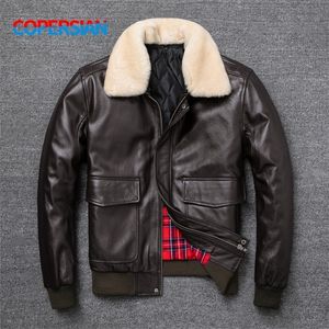 Chaqueta de vuelo de piel sintética para hombre, cuello de piel, capa superior genuina, abrigo de vaca para hombre, negro, marrón, invierno 220905