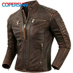 Veste en cuir synthétique pour homme, veste en cuir naturel pour homme, première couche en cuir de veau, col montant, veste de moto rétro marron en cuir de vache, vêtements de motard pour hommes 231021