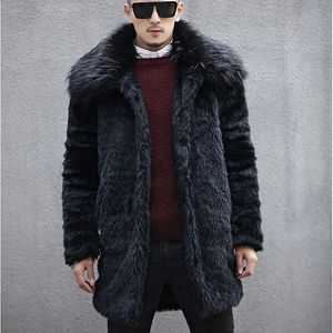 Cuero para hombres Cuero sintético Invierno Hombres Cuello de piel de zorro Abrigos de piel de conejo de imitación Cuello vuelto Tendencias Chaqueta de piel Abrigos de moda de sección larga negra 231118