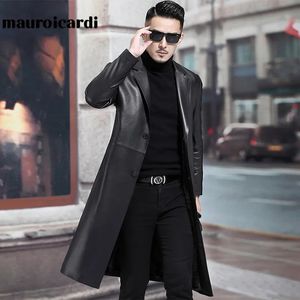 Hommes en cuir Faux Mauroicardi printemps automne Long noir hommes Blazer veste manches revers grande taille Jeather manteau pour hommes Style 5xl 231005